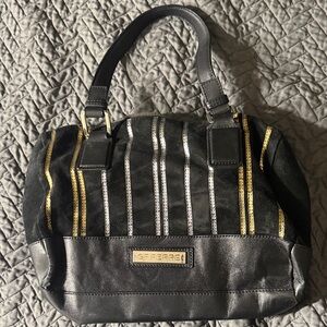 Gianfranco Ferre Black Satchel with Metallic Stripes